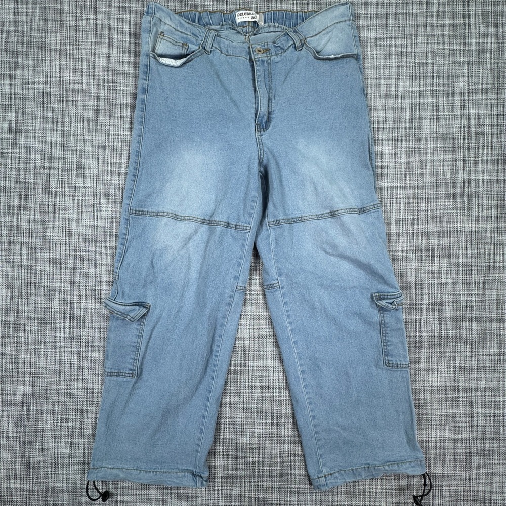 Celebrity Ace Cargo Jeans Womens 16 Light Blue Wide Leg Drawstring Hem Stretch